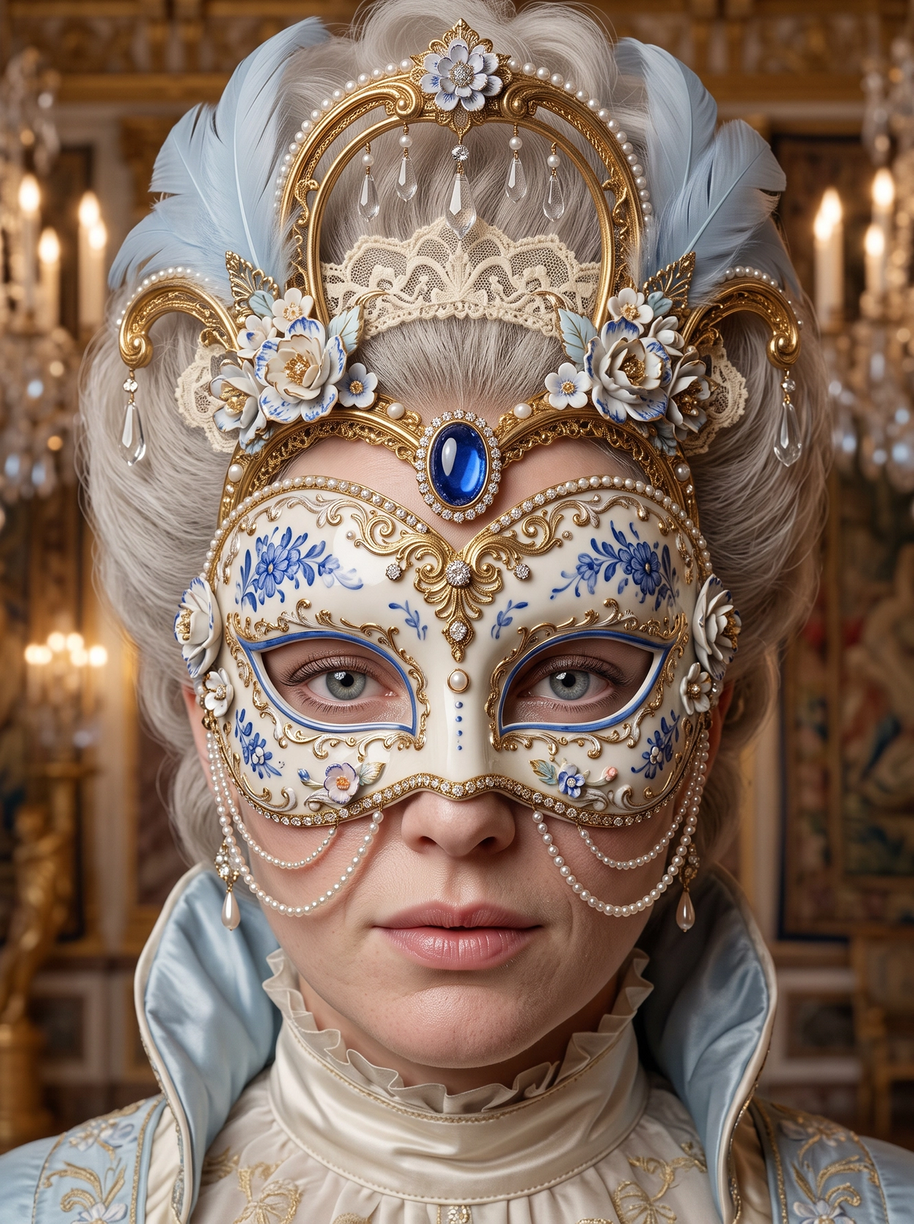 Princesse de Porcelaine — masque vénitien fleuri orné de dorures, plumes blanches et pierre saphir, art mural premium