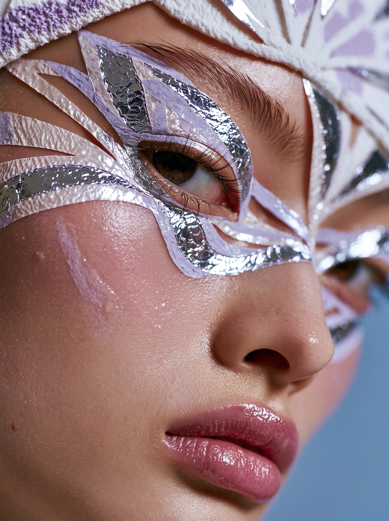 Prisme Argenté — maquillage graphique argenté, textures et lumière, haute couture, art mural premium