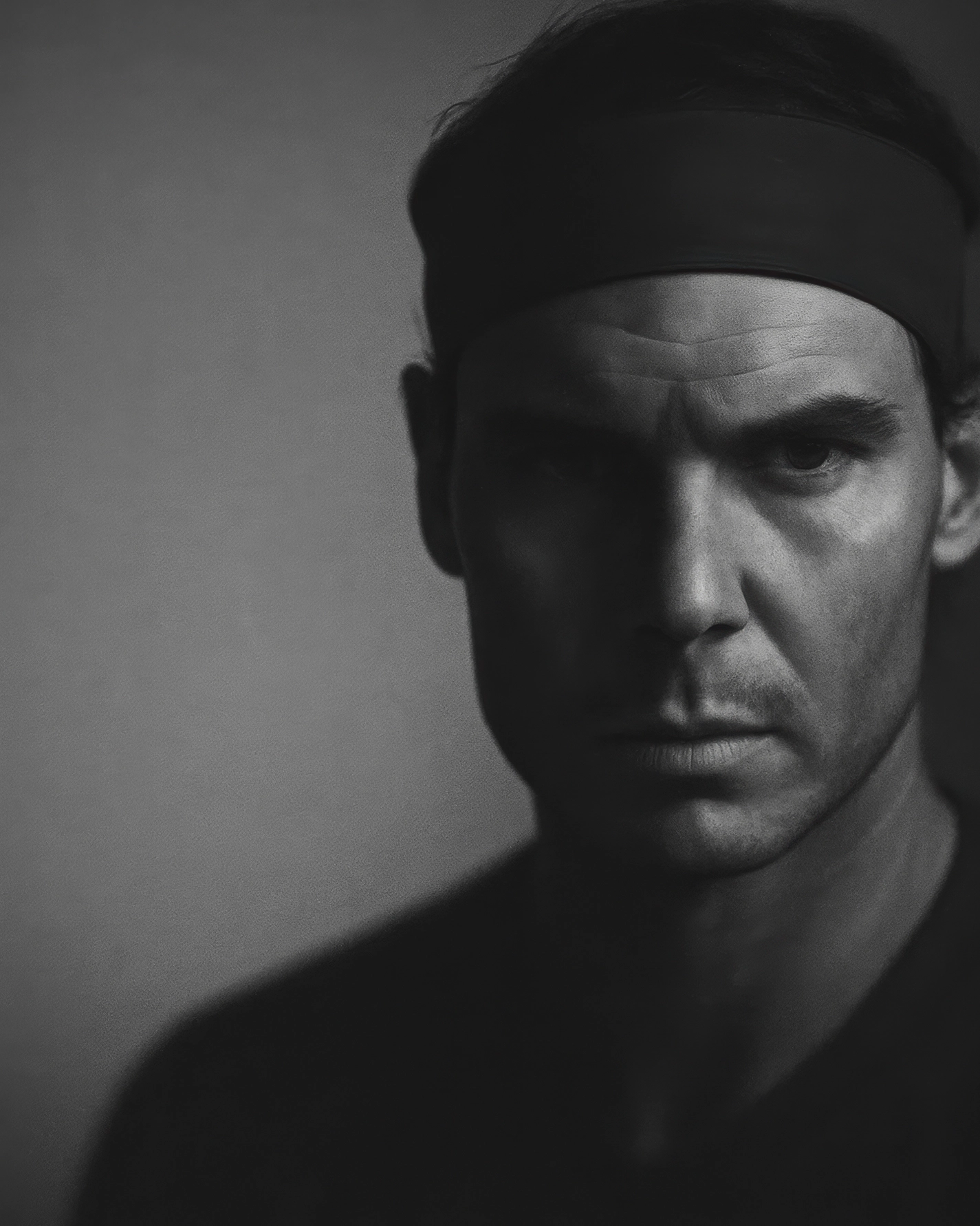 Rafael Nadal Intensité — portrait noir et blanc, bandeau iconique et regard frontal, champion de tennis, art mural premium