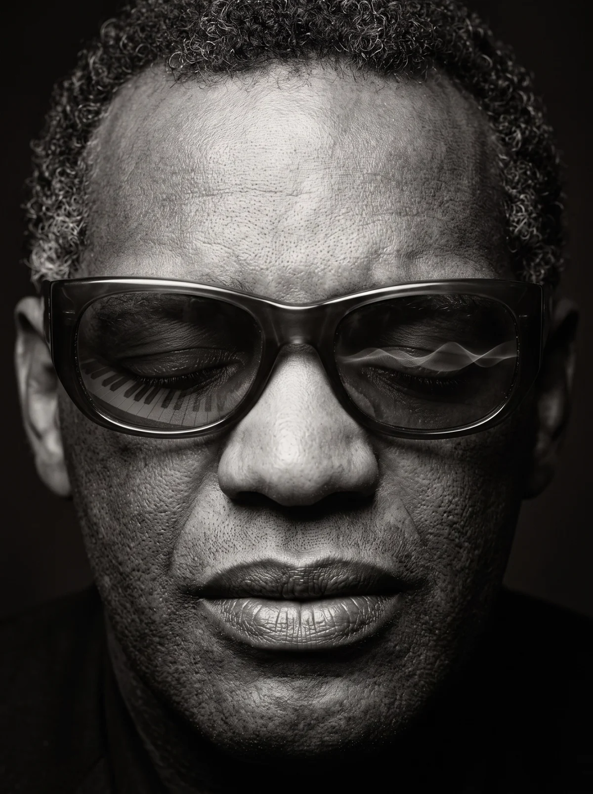 Ray Charles — Piano Intérieur, portrait frontal avec des touches de piano reflétées dans les lunettes, noir et blanc, art mural premium