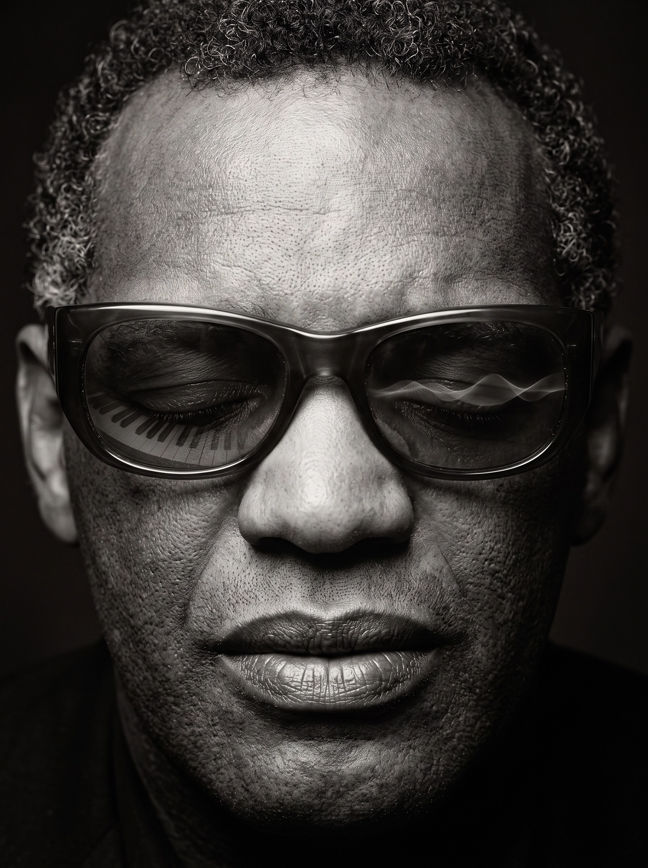 Ray Charles — Piano Intérieur, portrait frontal avec des touches de piano reflétées dans les lunettes, noir et blanc, art mural premium