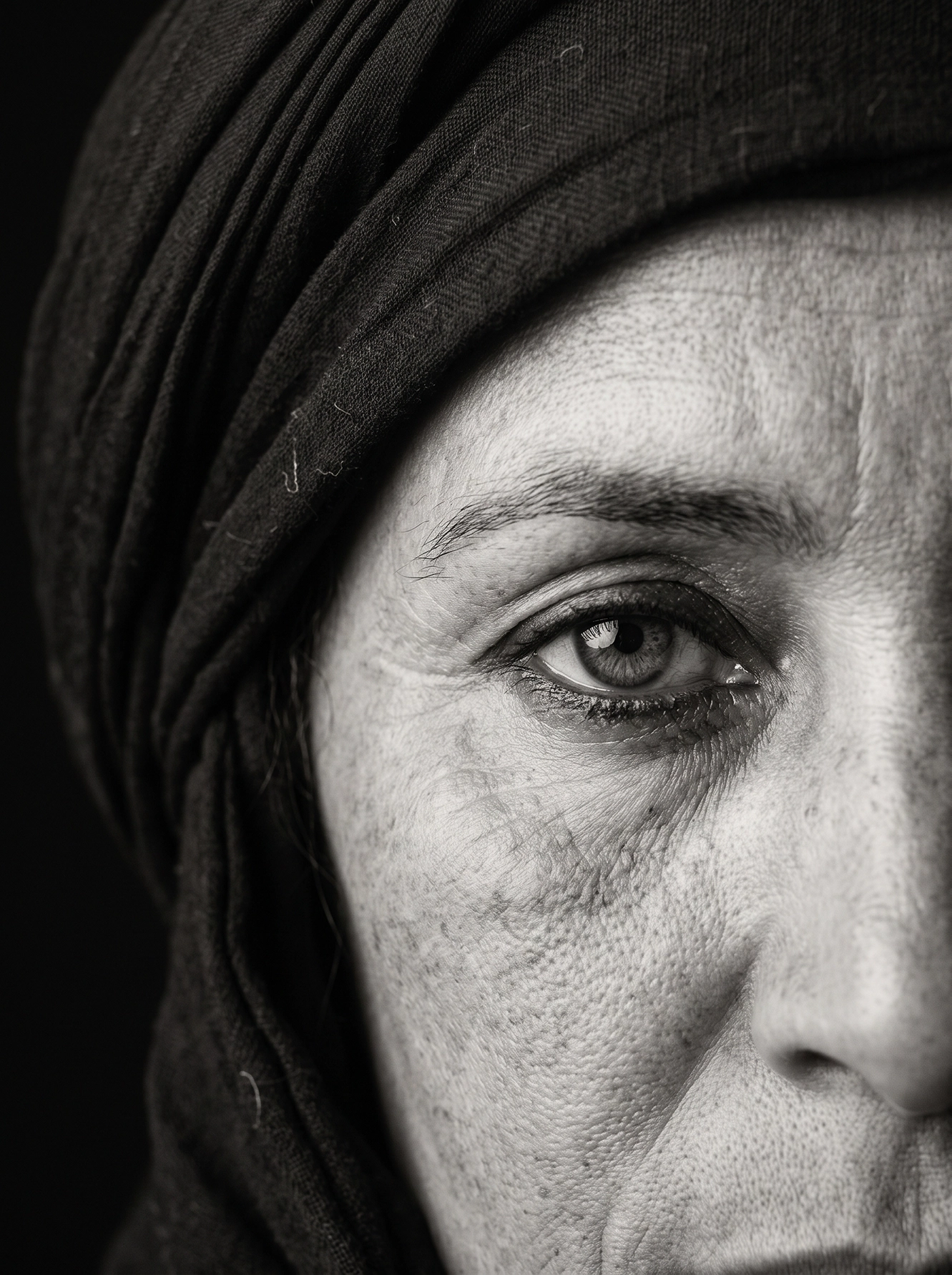 Regard du Sahara — portrait femme touareg cadré sur un œil, peau et tissu sombre, noir et blanc, art mural premium