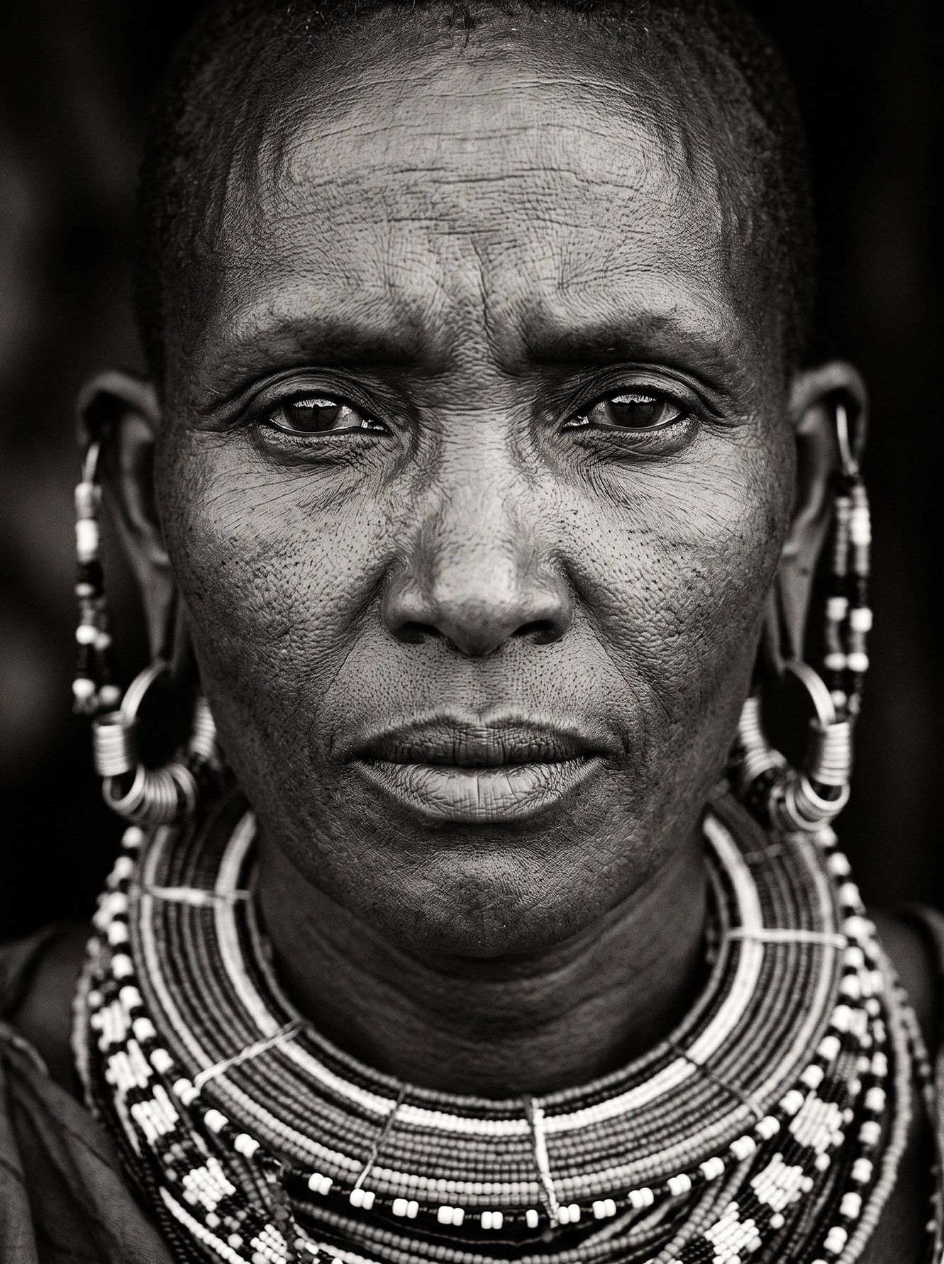 Regard Maasaï — portrait femme aux larges ornements et bijoux traditionnels, composition symétrique, noir et blanc, art mural premium
