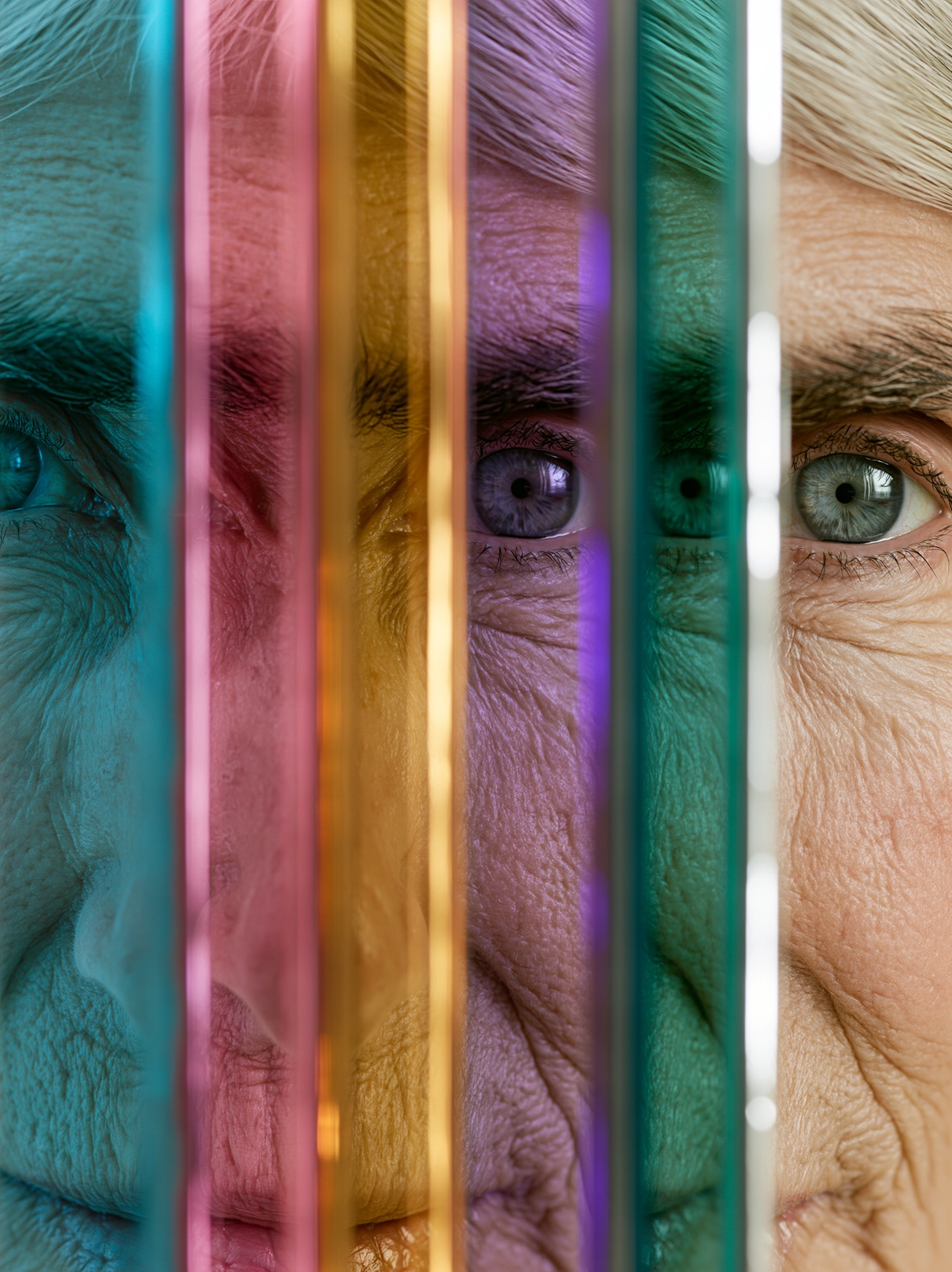 Regards en Transparence — visage mature derrière des bandes verticales transparentes bleu, rose, or et violet, art mural premium