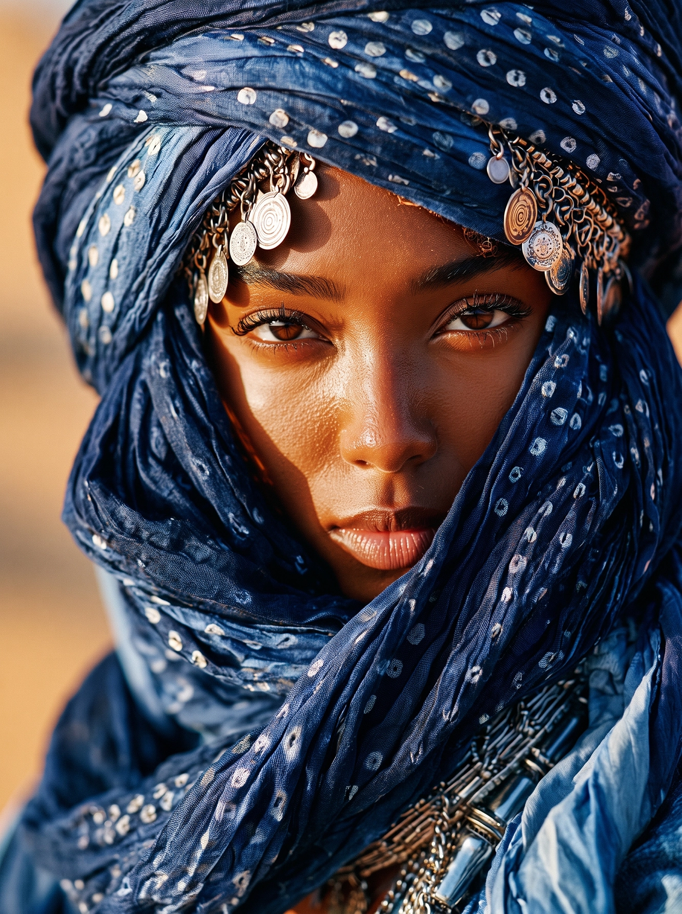 Reine du Désert Bleu — portrait d'une femme nomade voilée d'indigo, lumière du désert, art mural premium