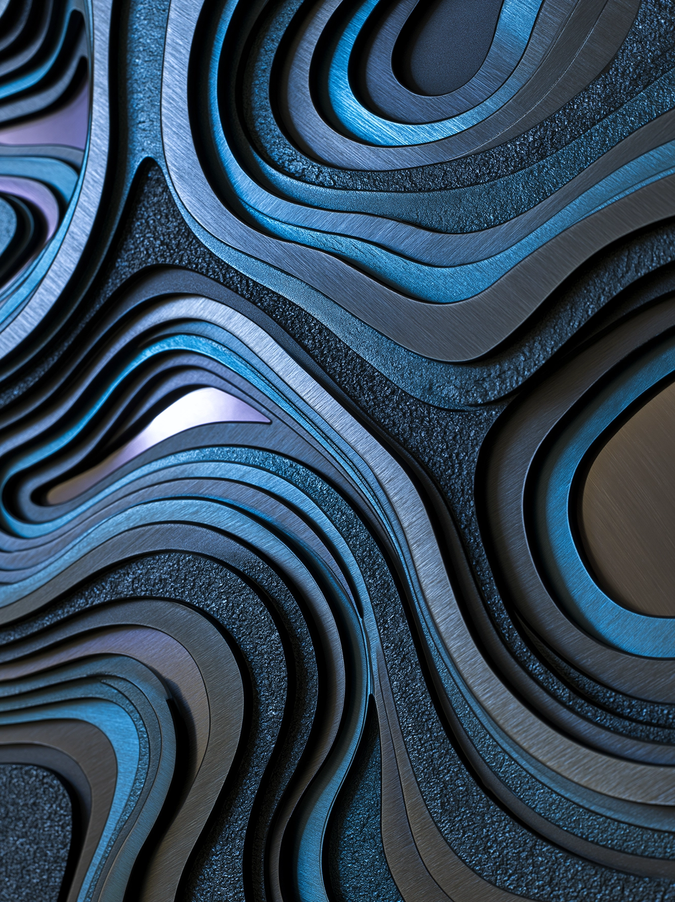 Reliefs Graphiques — lignes ondulantes sculptées en relief abstrait acier et bleu, art mural premium