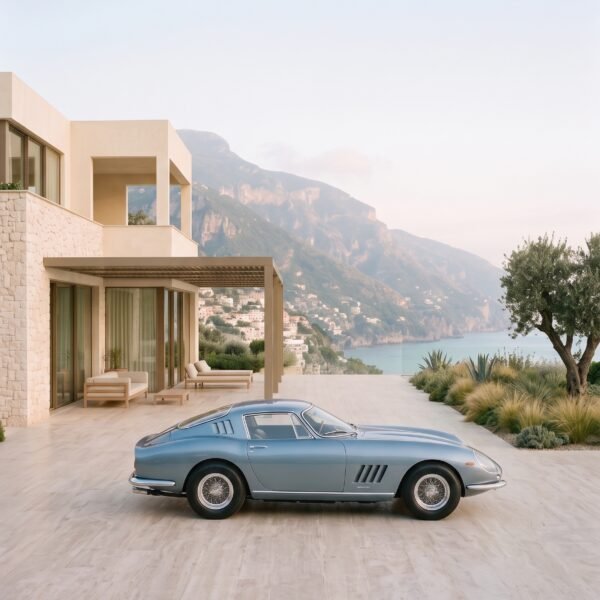 Riviera Azzurra — voiture de collection devant une architecture méditerranéenne, art mural premium