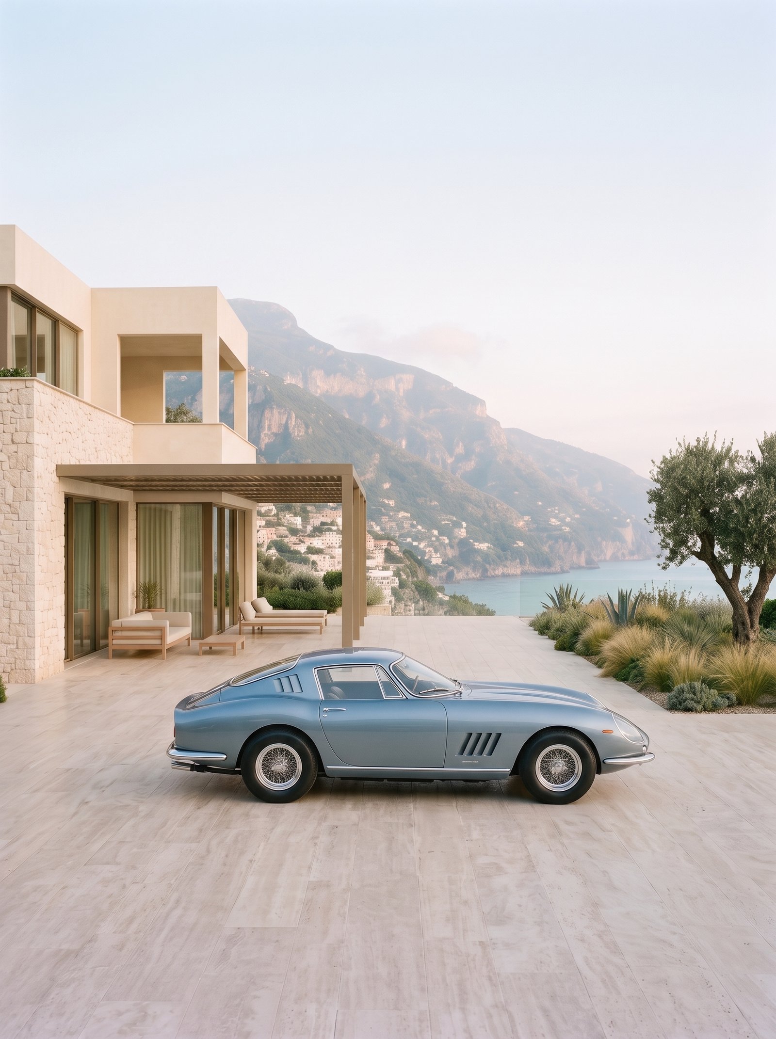 Riviera Azzurra — voiture de collection devant une architecture méditerranéenne, art mural premium