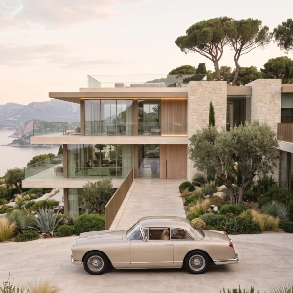 Riviera Intemporelle — Lancia Flaminia Coupé devant une villa dominant la Méditerranée, art mural premium