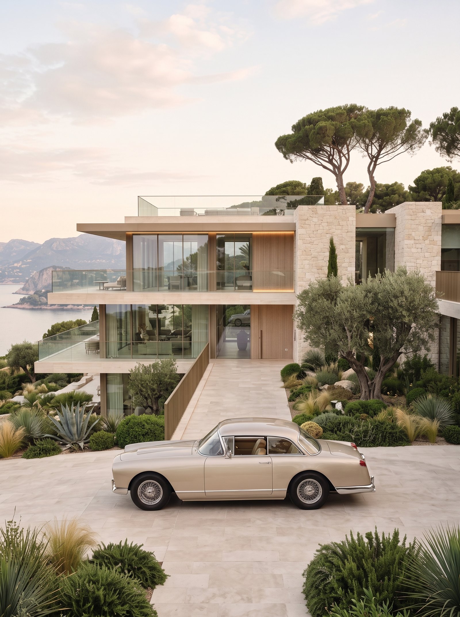Riviera Intemporelle — Lancia Flaminia Coupé devant une villa dominant la Méditerranée, art mural premium