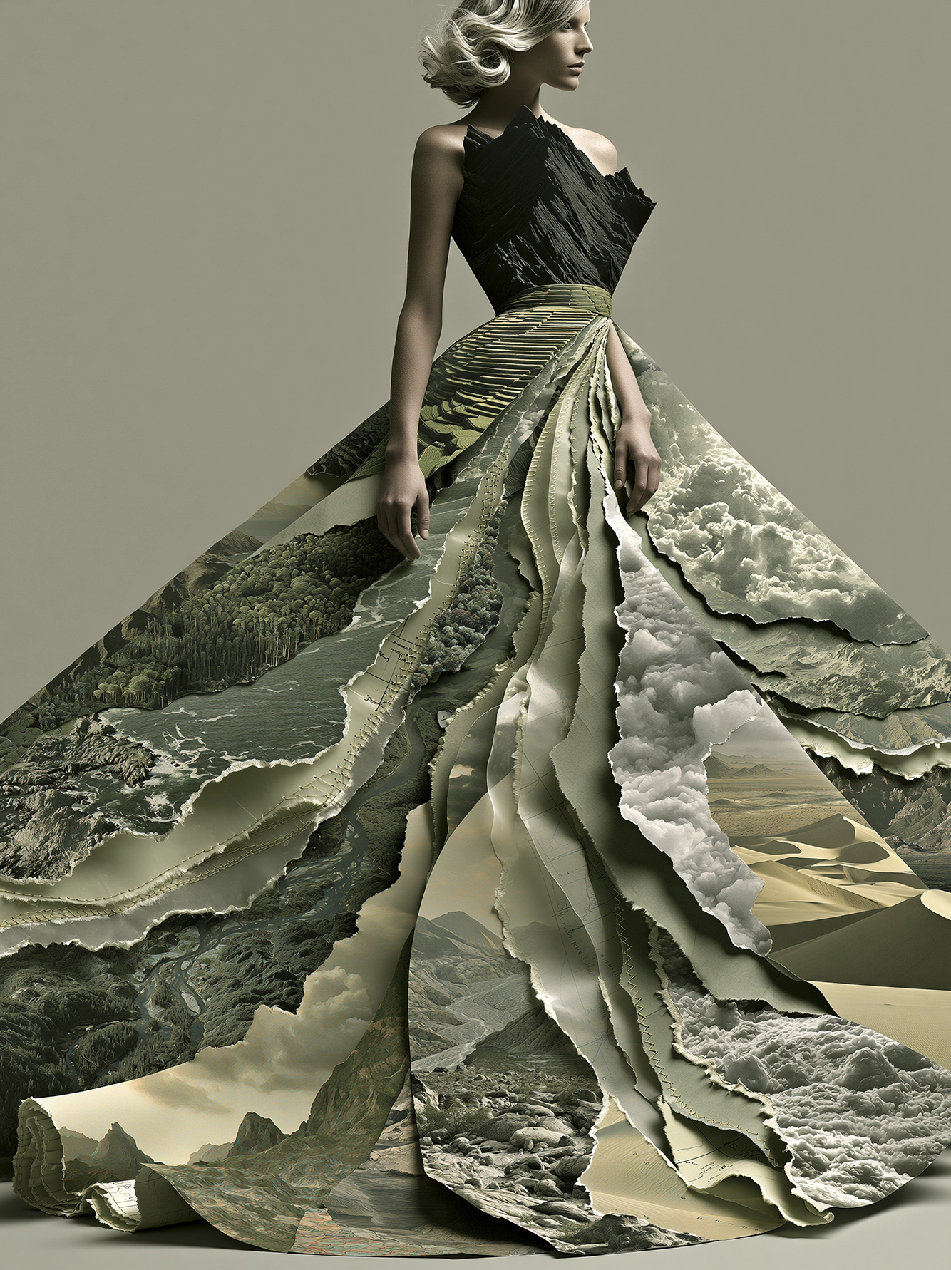 Robe des Horizons — tenue haute couture façonnée de paysages et de reliefs naturels, art mural premium