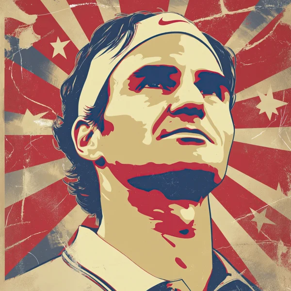Portrait Street Art de Roger Federer dans un style Pop Art contemporain aux couleurs rouge, crème et bleu.