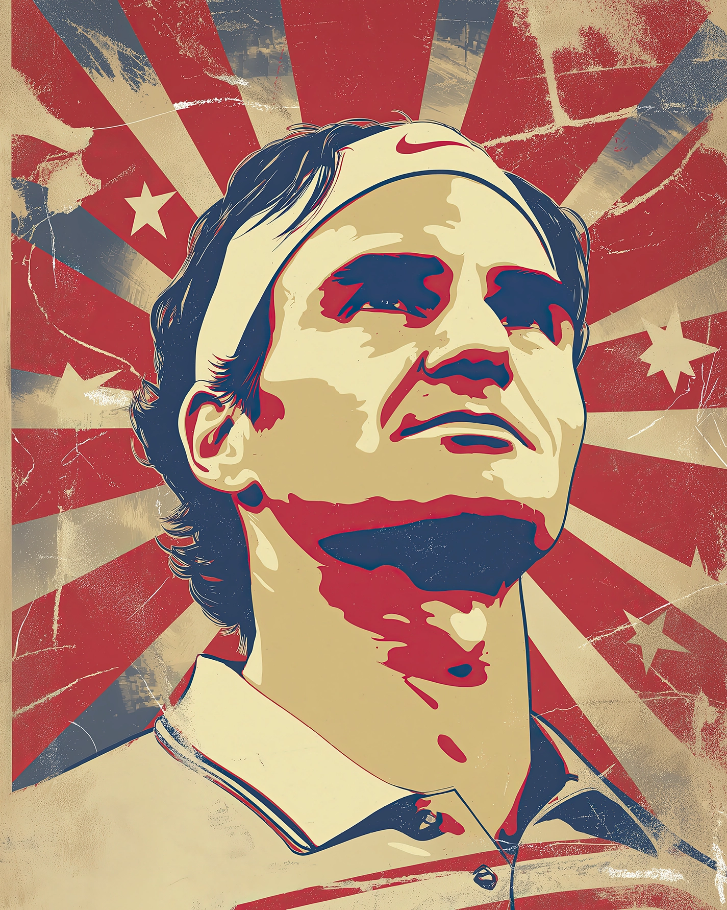 Portrait Street Art de Roger Federer dans un style Pop Art contemporain aux couleurs rouge, crème et bleu.