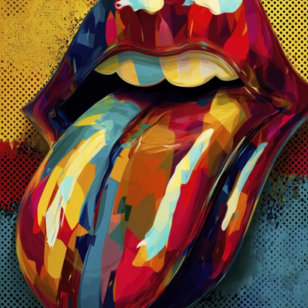 Rolling Stones Pop Art représentant la célèbre langue iconique dans une composition contemporaine aux couleurs vives inspirée du Pop Art.