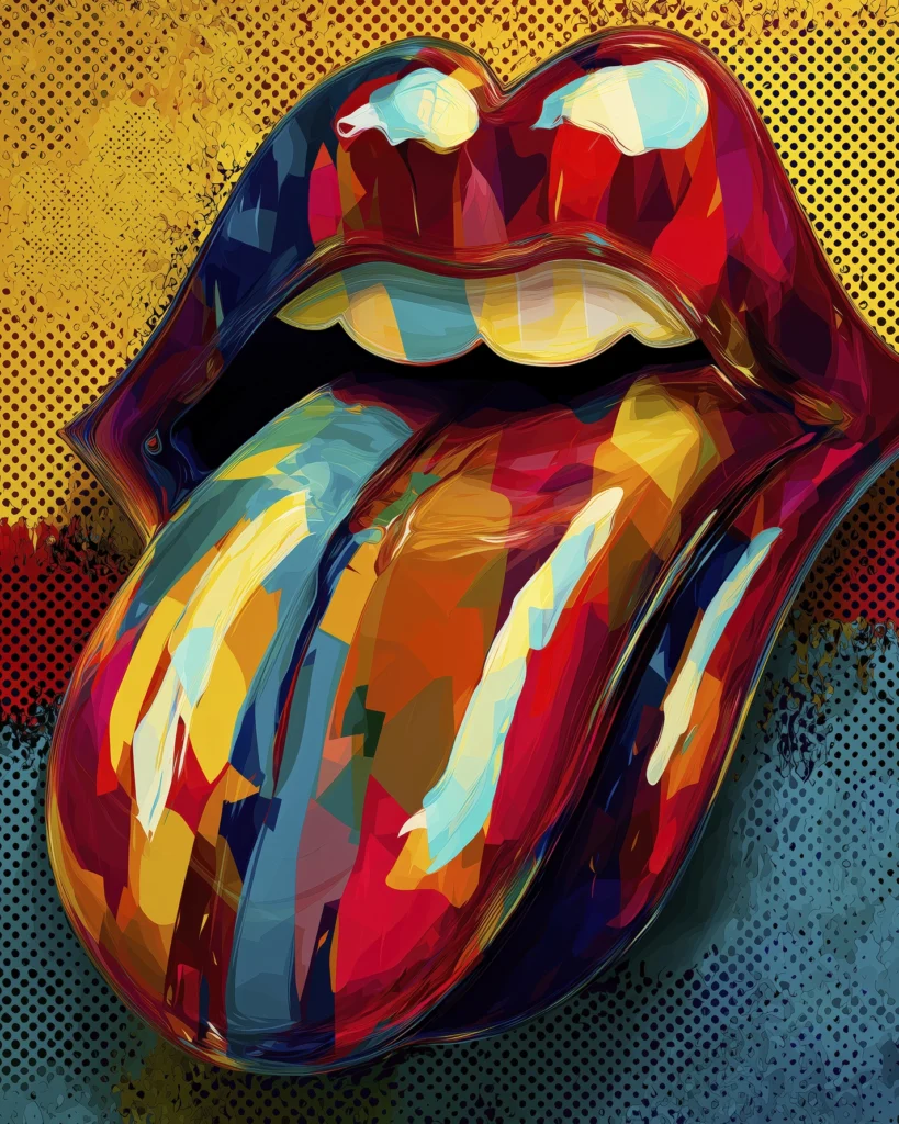 Rolling Stones Pop Art représentant la célèbre langue iconique dans une composition contemporaine aux couleurs vives inspirée du Pop Art.
