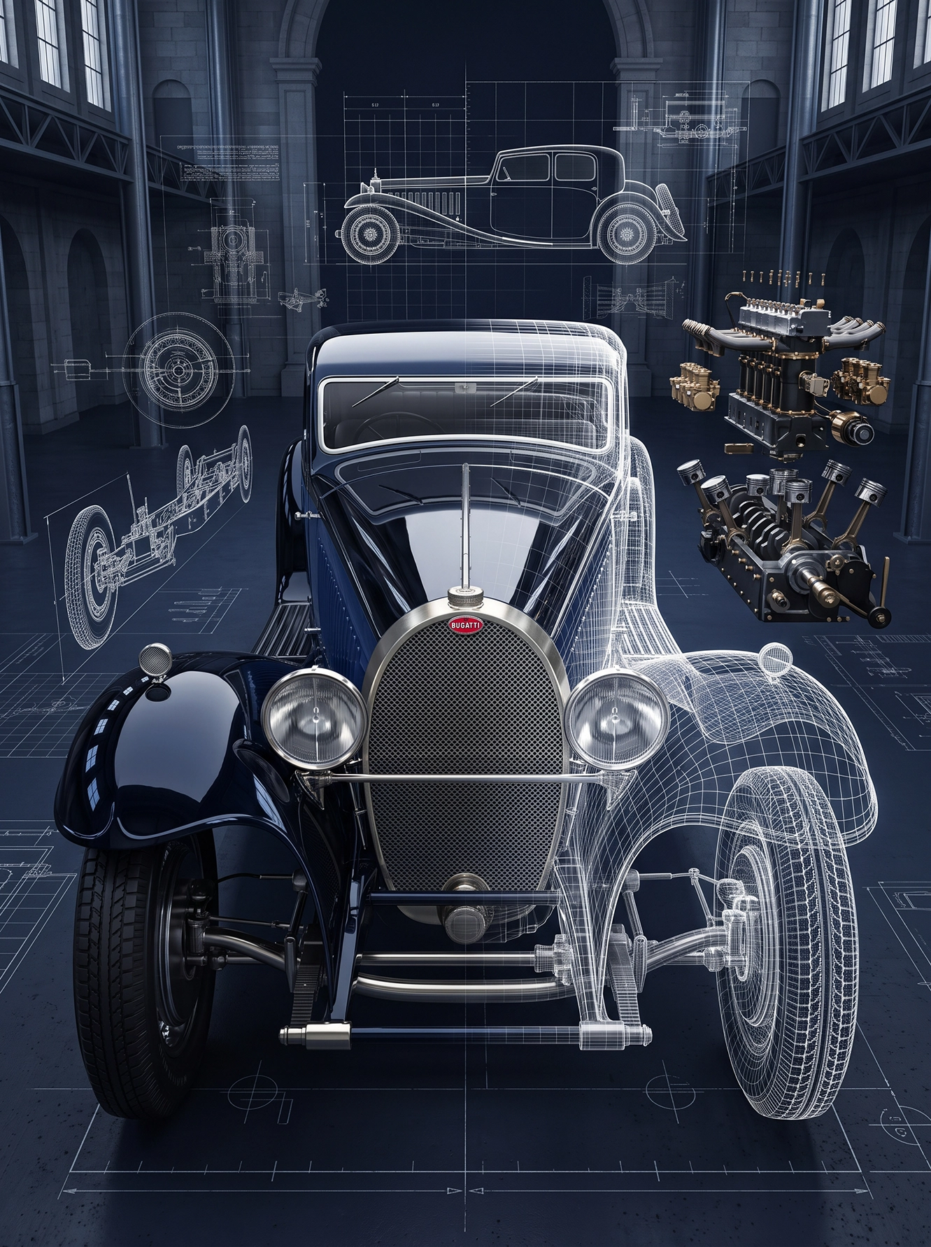 Royal Blueprint — Bugatti Royale Type 41 en modélisation technique et plans d'ingénierie, art mural premium