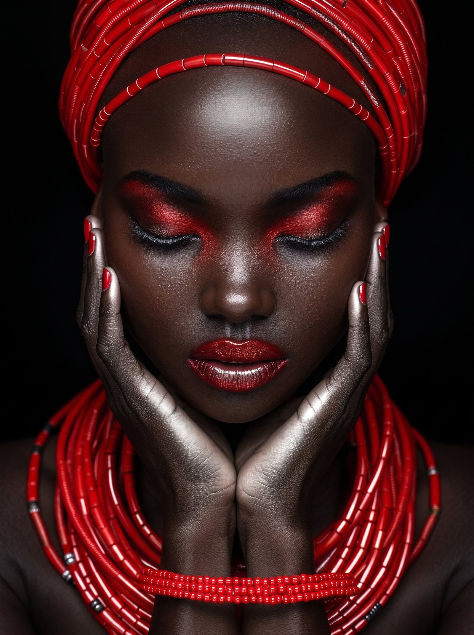 Rubis Éternel — portrait beauté ethnique aux reflets rouge rubis et regard perçant, art mural premium