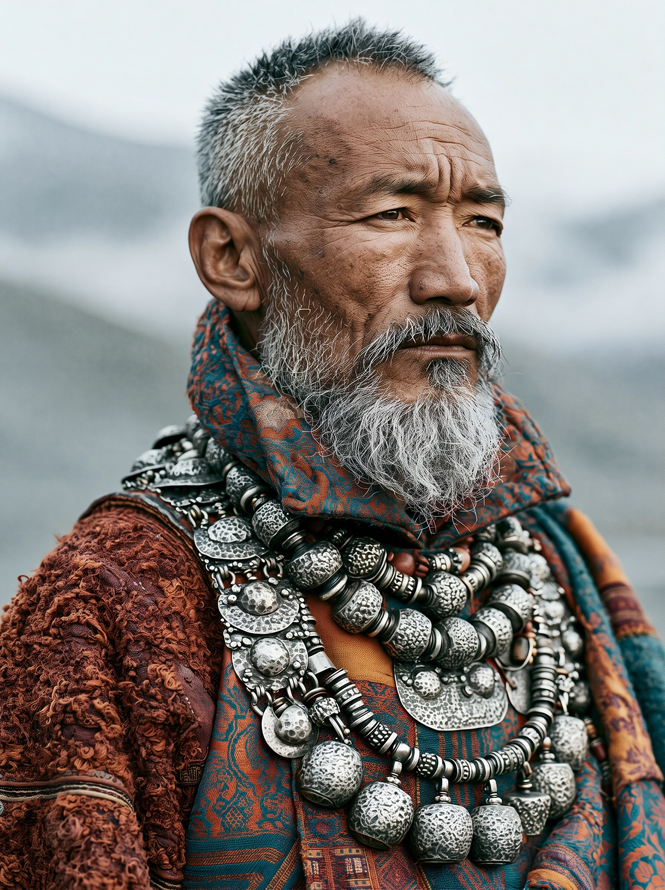 Sage des Hautes Terres — portrait d'un ancien des montagnes d'Asie, bijoux artisanaux, paysage d'altitude, art mural premium