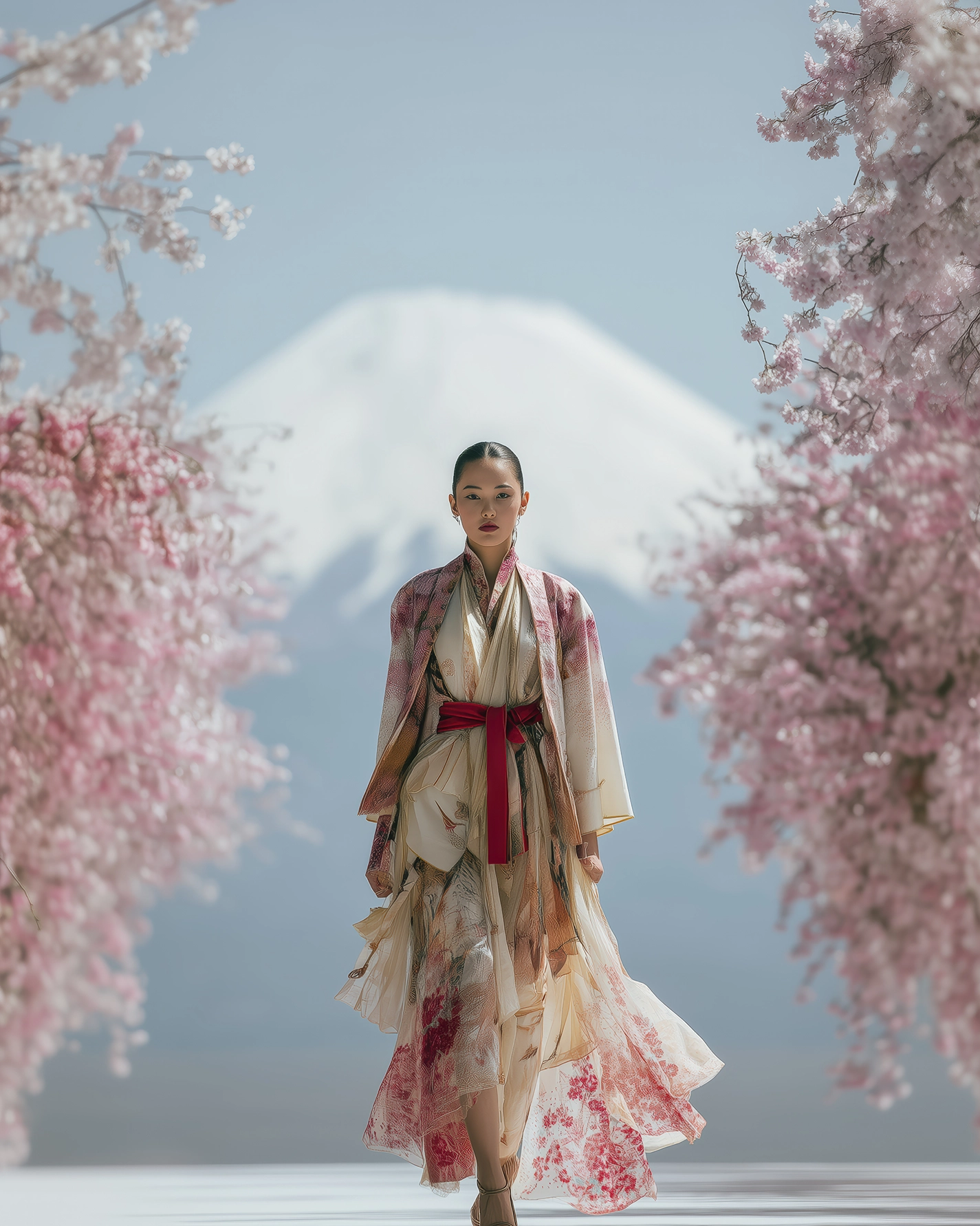 Sakura Impérial — femme en tenue japonaise sous une allée de cerisiers en fleurs avec le mont Fuji en arrière-plan, art mural premium