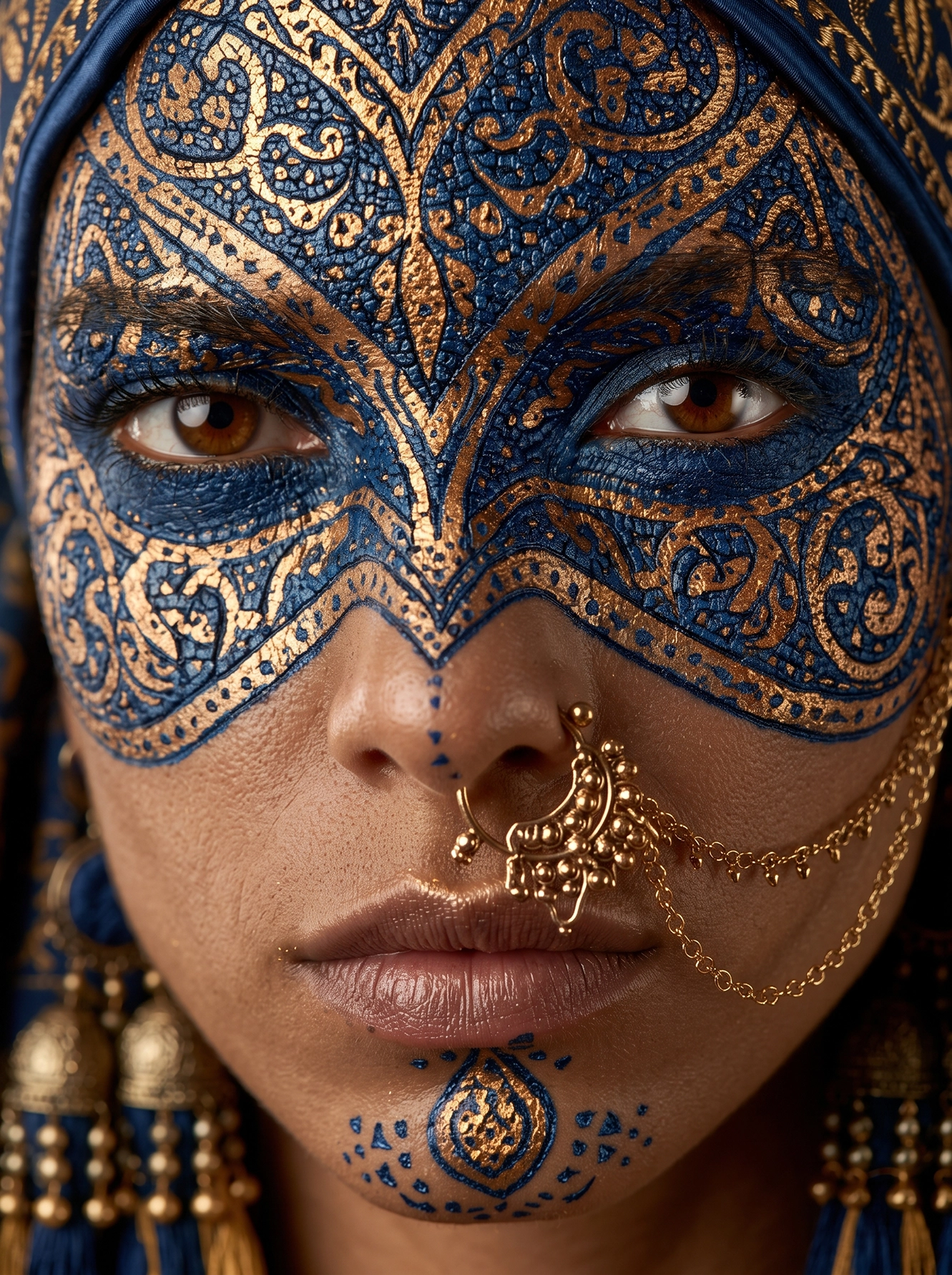 Saphir Impérial — masque décoratif bleu profond et or, bijoux raffinés, regard captivant, art mural premium