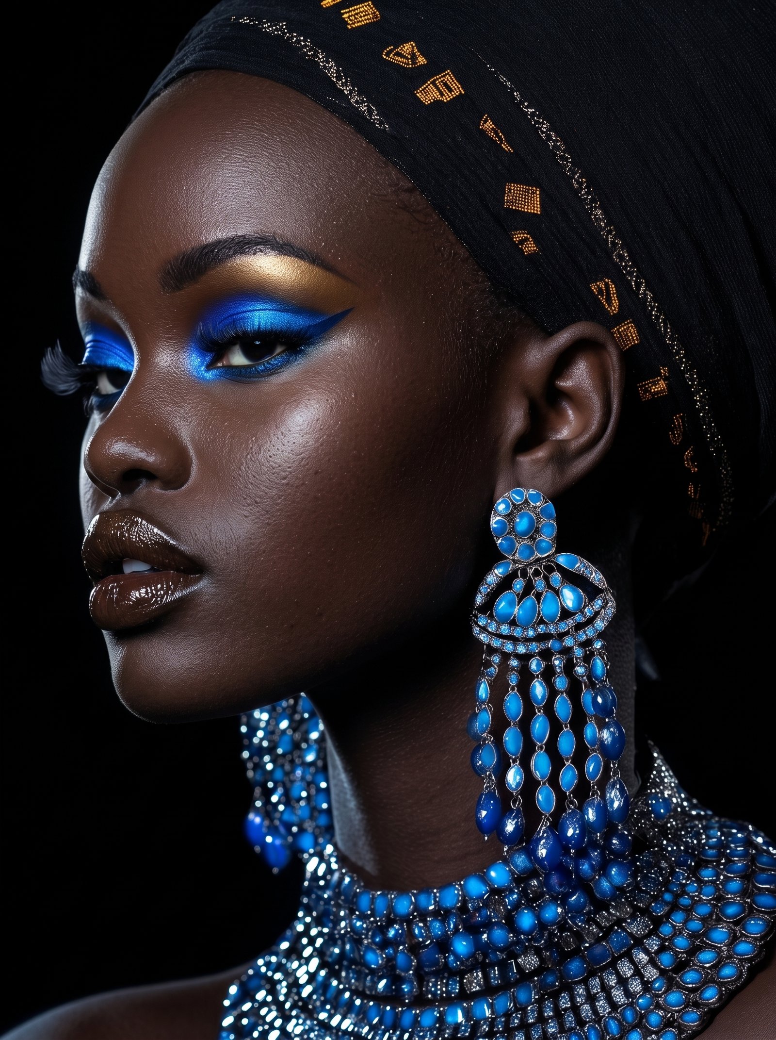 Saphir Impérial — portrait beauté ethnique aux bijoux bleus scintillants et regard intense, art mural premium
