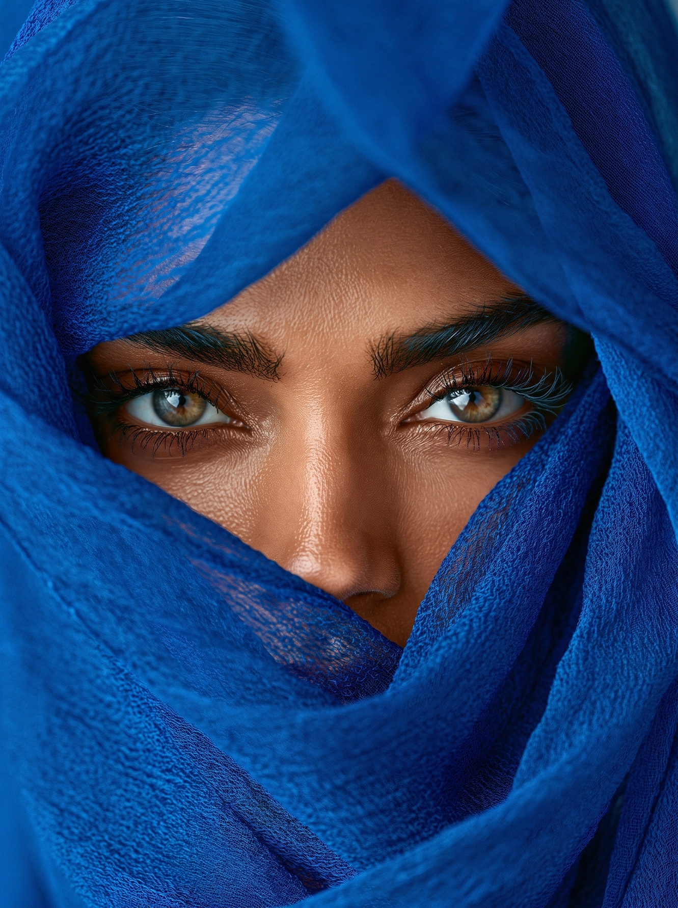 Saphir Nomade — regard intense dévoilé à travers un voile bleu cobalt, collection Regards, art mural premium