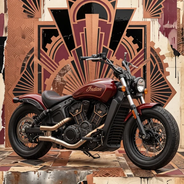 Scout Art Déco — Indian Scout en composition Art Déco, lignes architecturales et motifs géométriques, art mural premium