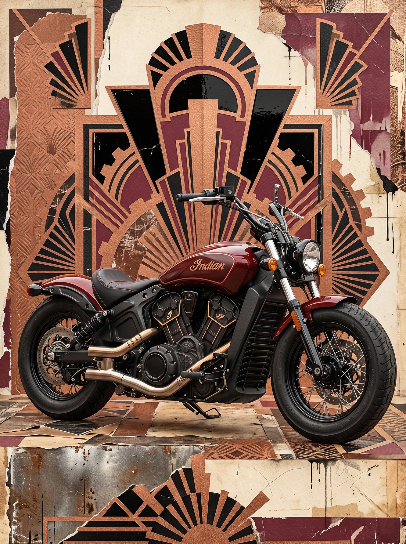 Scout Art Déco — Indian Scout en composition Art Déco, lignes architecturales et motifs géométriques, art mural premium