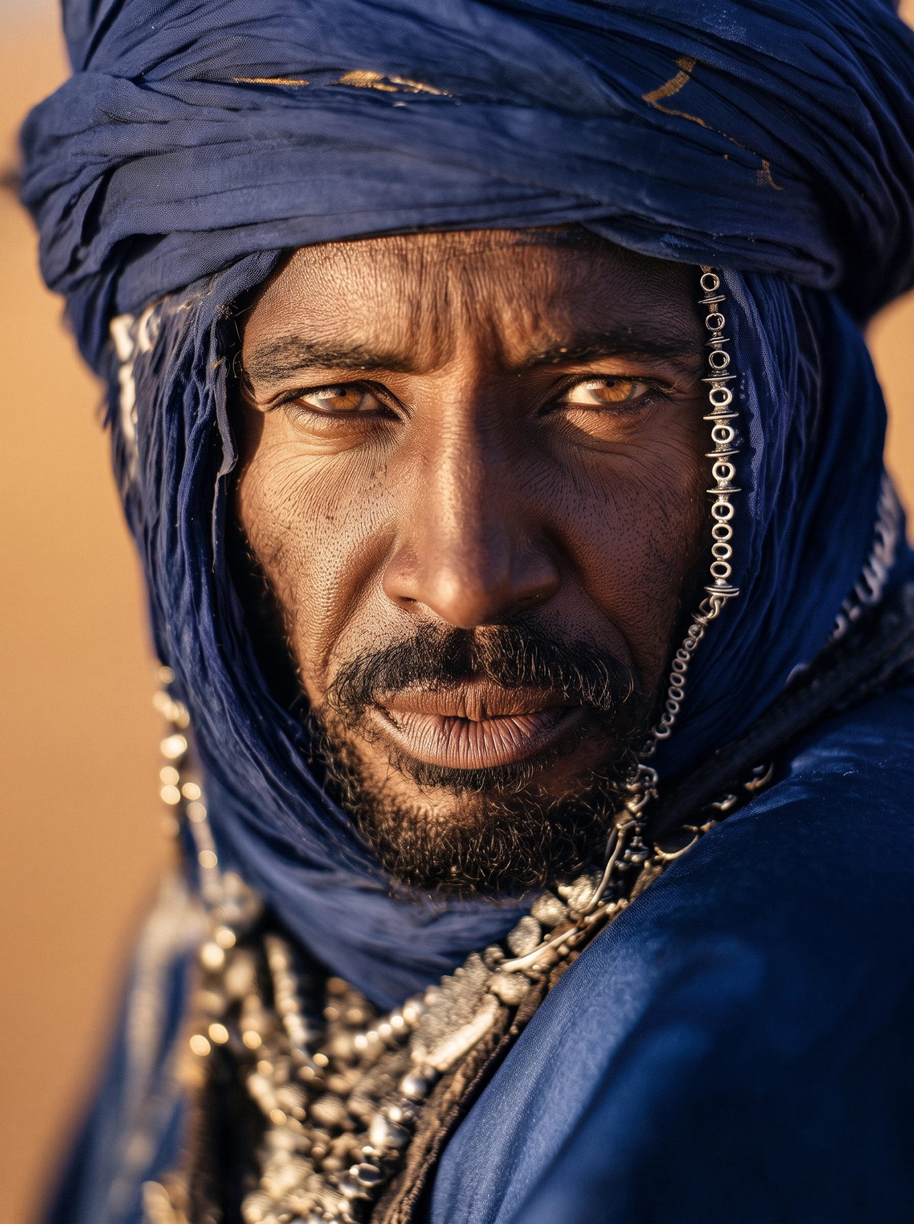Seigneur des Dunes — portrait d'un homme du désert voilé d'indigo, regard intense et lumière dorée, art mural premium