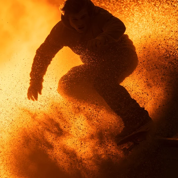 Skateboard — skateur en figure jaillissant d'une explosion de poussière dorée à contre-jour, art mural premium