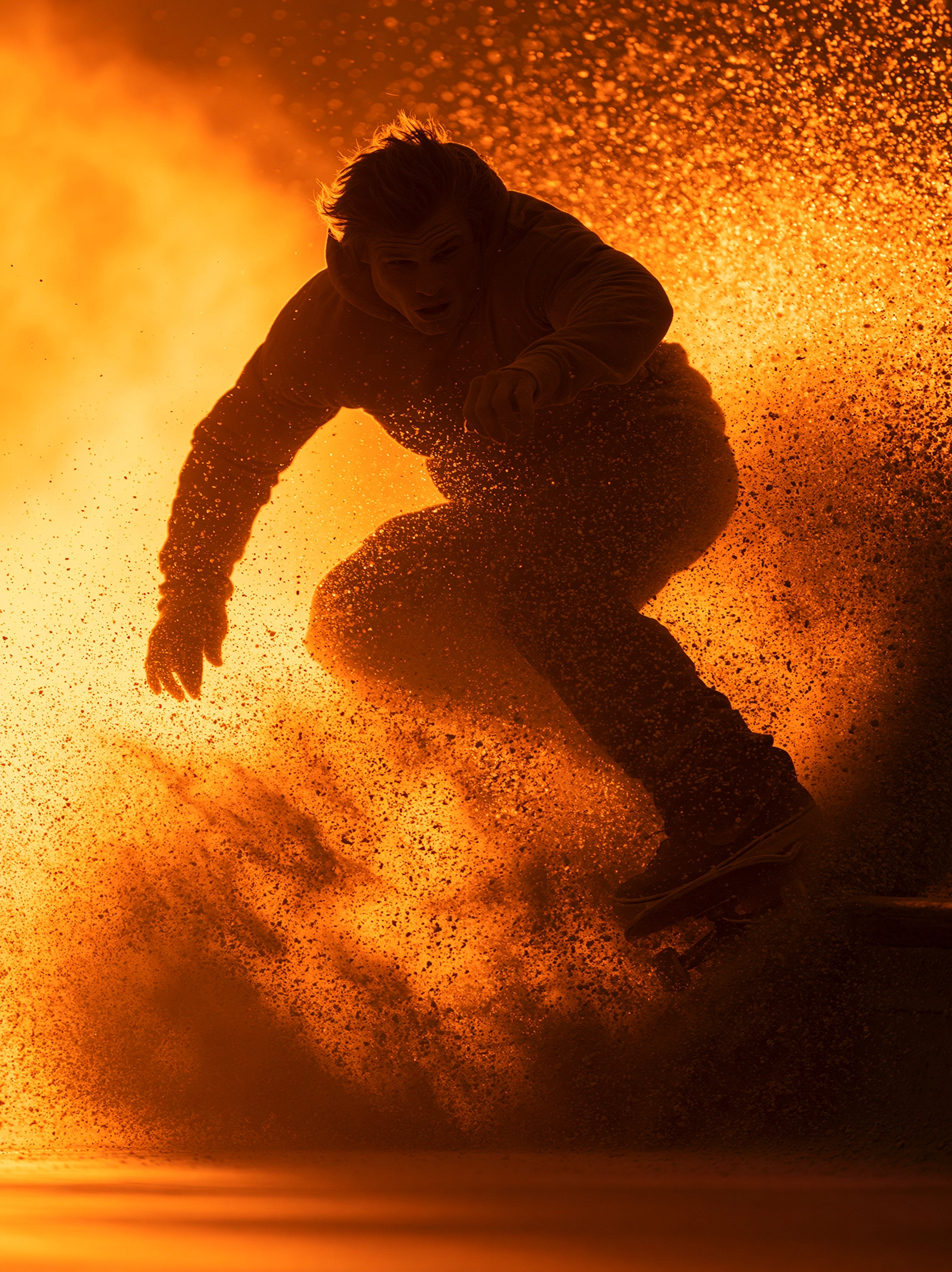 Skateboard — skateur en figure jaillissant d'une explosion de poussière dorée à contre-jour, art mural premium