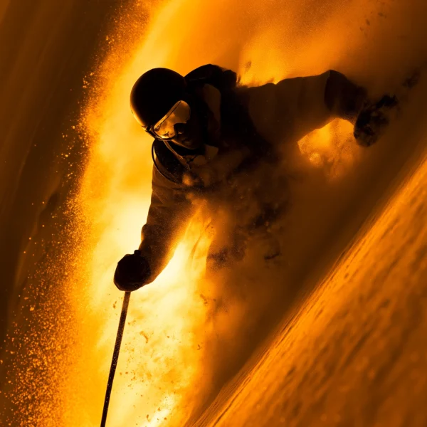 Ski Freeride — skieur en pleine carve sur une pente enneigée, panache de neige orangée, art mural premium