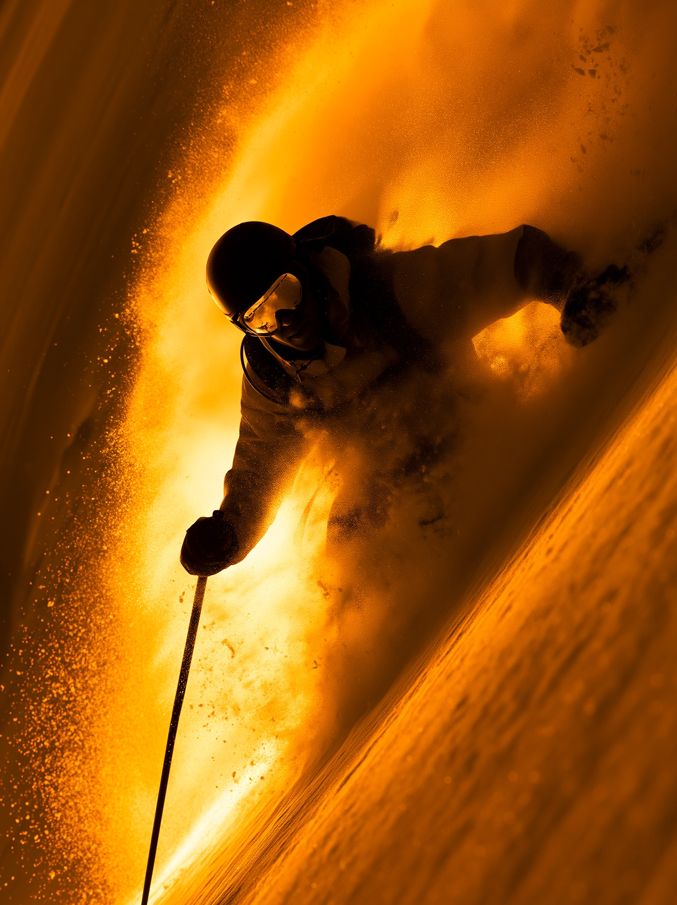Ski Freeride — skieur en pleine carve sur une pente enneigée, panache de neige orangée, art mural premium