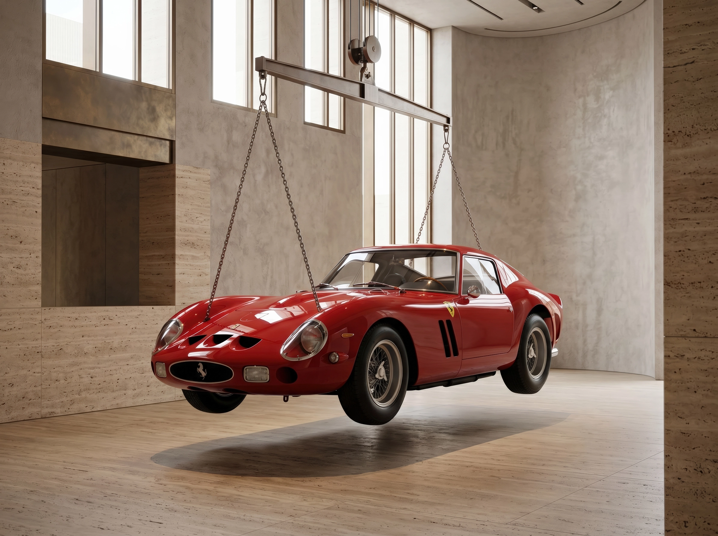 Ferrari 250 GTO Suspension — Ferrari 250 GTO rouge suspendue dans un espace architectural contemporain, art mural premium