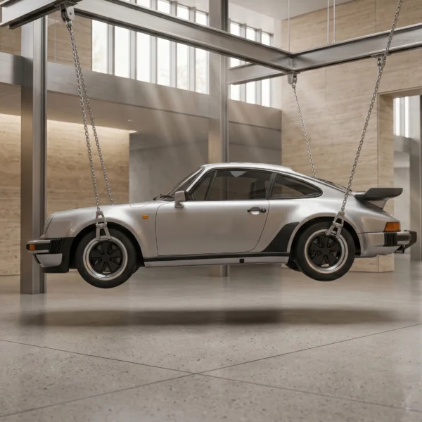 Porsche 930 Turbo Suspension — Porsche 930 Turbo argent suspendue dans une architecture contemporaine, art mural premium
