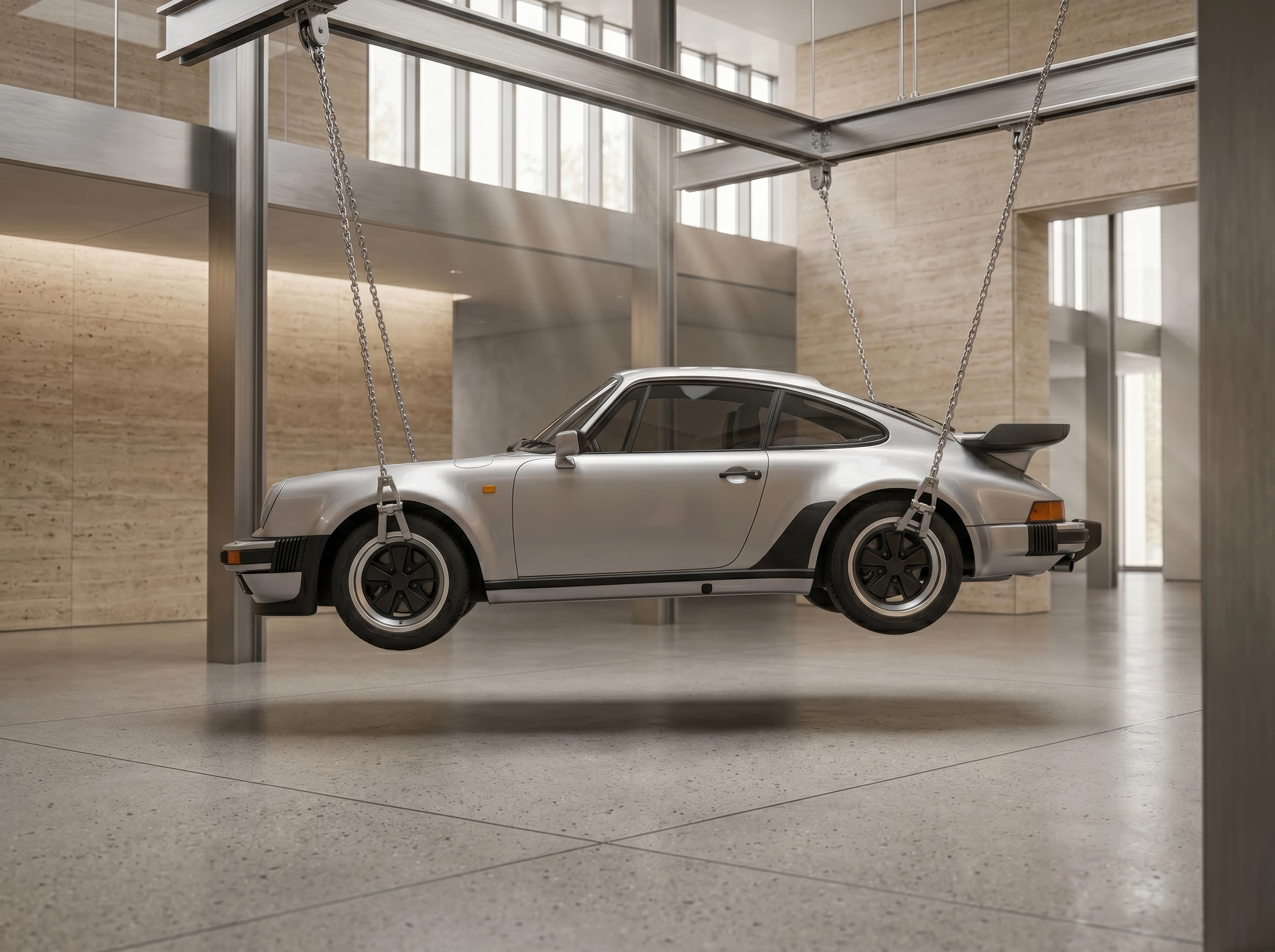 Porsche 930 Turbo Suspension — Porsche 930 Turbo argent suspendue dans une architecture contemporaine, art mural premium
