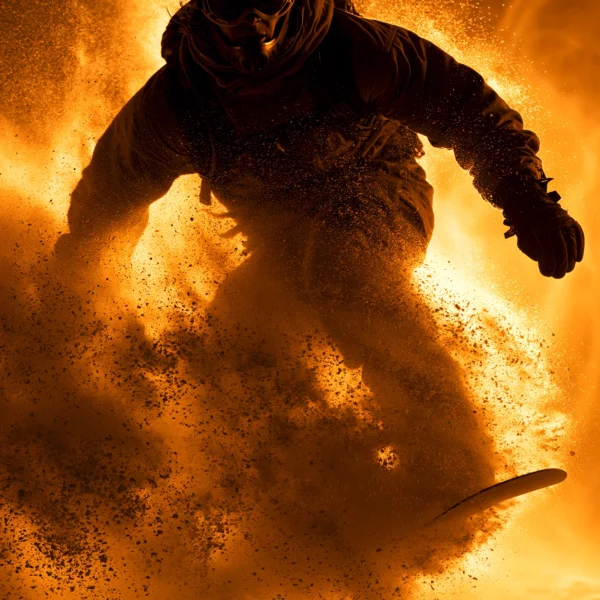 Snowboard — snowboardeur bras écartés jaillissant d'une explosion de neige poudreuse à contre-jour, art mural premium