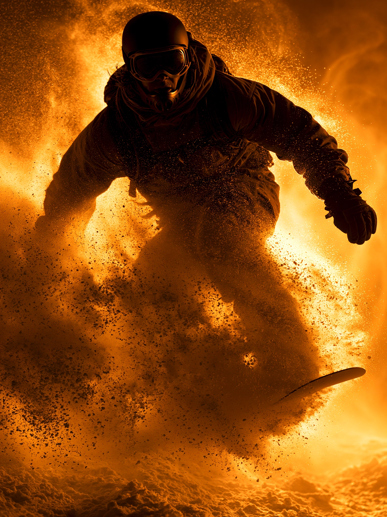 Snowboard — snowboardeur bras écartés jaillissant d'une explosion de neige poudreuse à contre-jour, art mural premium