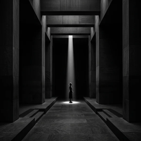 Sous la Lumière — petite silhouette isolée dans une architecture monumentale plongée dans l'obscurité, art mural premium