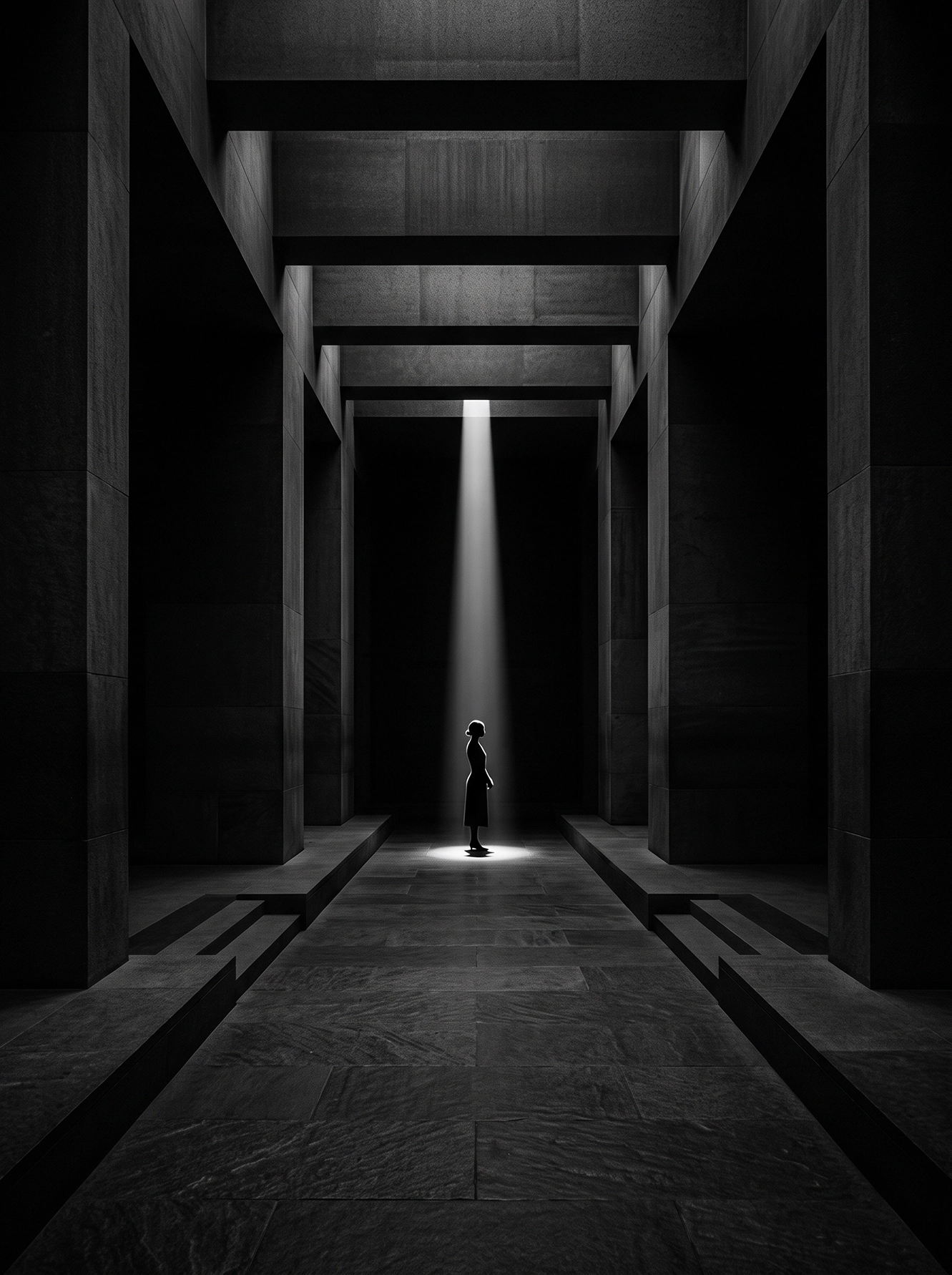 Sous la Lumière — petite silhouette isolée dans une architecture monumentale plongée dans l'obscurité, art mural premium