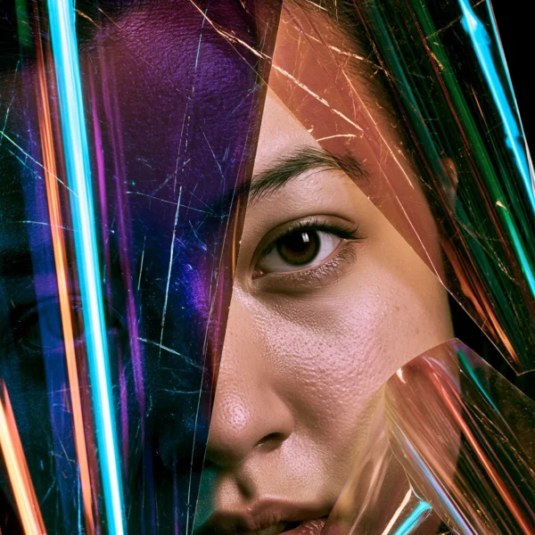 Spectre Intérieur — visage féminin fragmenté par des surfaces translucides bleu, cyan et magenta, art mural premium