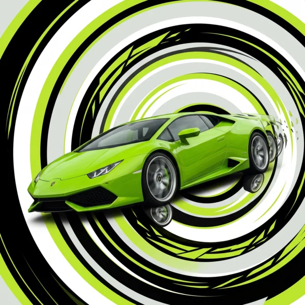 Spirale d'Adrénaline — Lamborghini Huracán dans un vortex graphique noir, blanc et vert acide, art mural premium