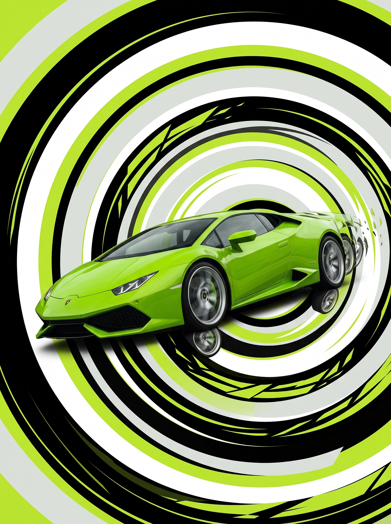 Spirale d'Adrénaline — Lamborghini Huracán dans un vortex graphique noir, blanc et vert acide, art mural premium