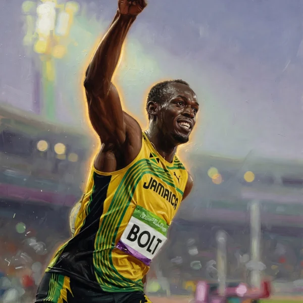 Sprint Légendaire — sprinter bras levé et doigt pointé vers le ciel, geste de victoire iconique, peinture à l'huile, art mural premium