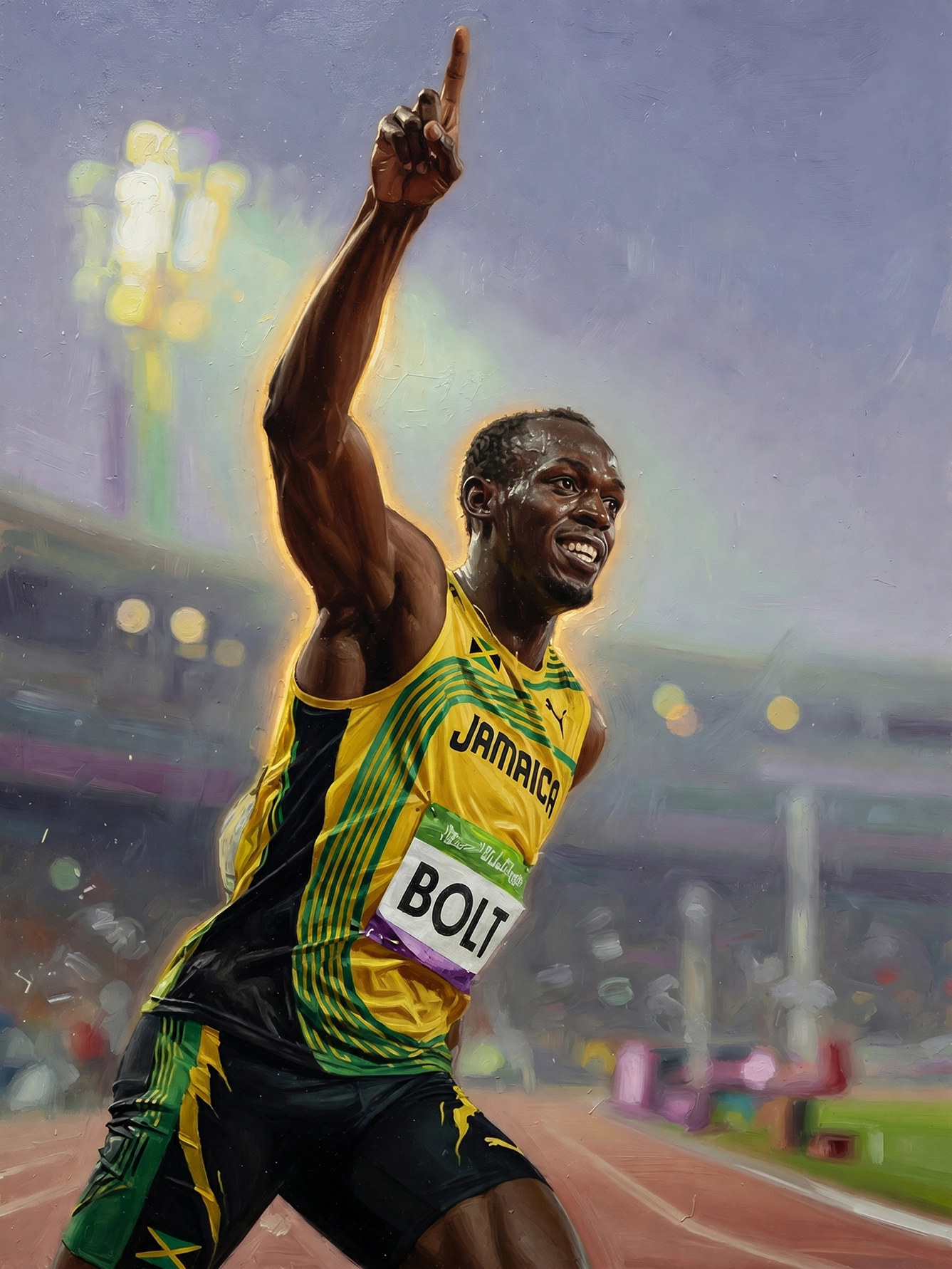 Sprint Légendaire — sprinter bras levé et doigt pointé vers le ciel, geste de victoire iconique, peinture à l'huile, art mural premium
