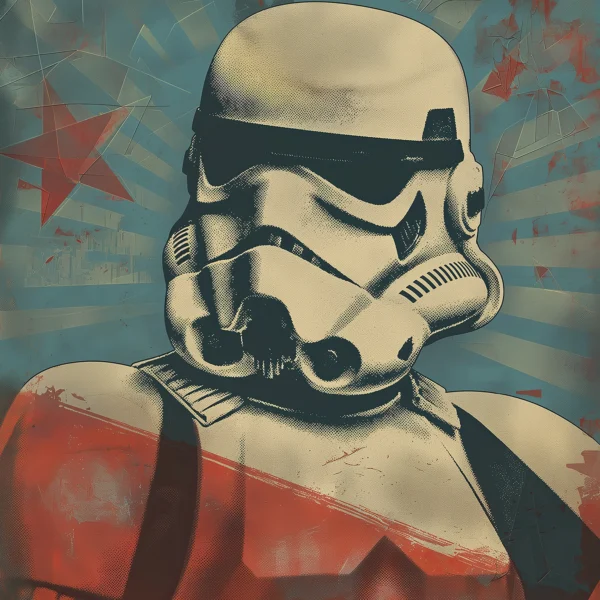 Stormtrooper Street Art en style Pop Art avec fond graphique rétro bleu et rouge inspiré de la science-fiction.