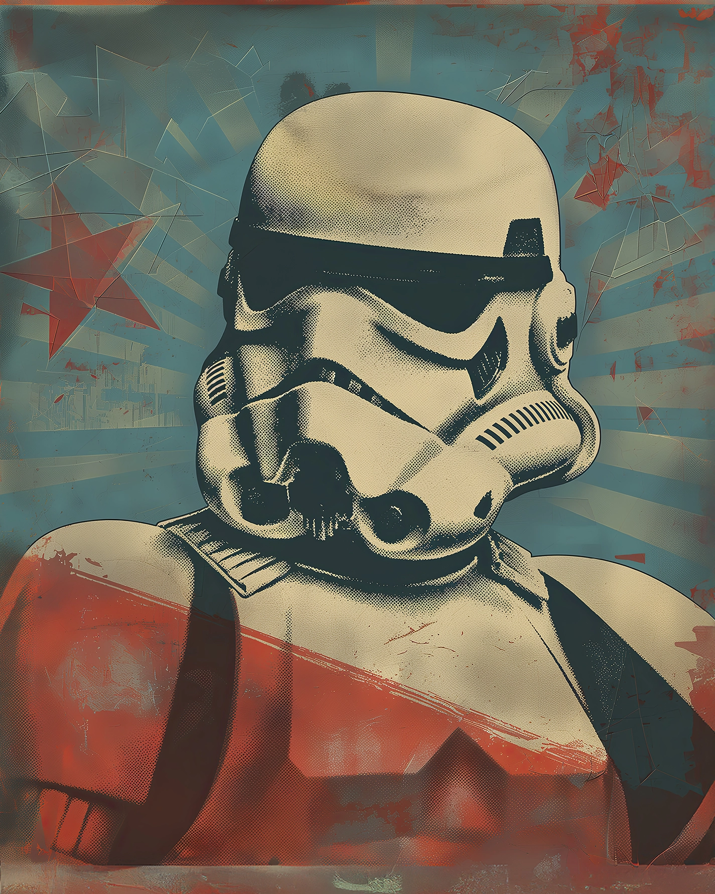 Stormtrooper Street Art en style Pop Art avec fond graphique rétro bleu et rouge inspiré de la science-fiction.