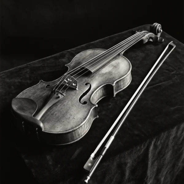 Stradivarius Éternel — violon ancien sur velours sombre, bois patiné et cordes, photographie noir et blanc, art mural premium