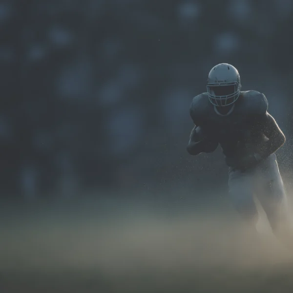 Tableau Football Américain en Mouvement — joueur casqué dans un flou cinétique de vitesse et de puissance