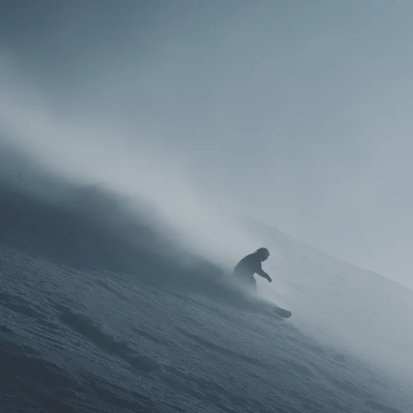 Tableau snowboard en mouvement — rider lancé dans la poudreuse, vitesse et atmosphère brumeuse, art mural premium